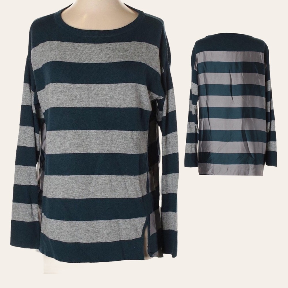 🌺 Ann Taylor LOFT Stripe Satin Knit Teal Long Sleeve Sweater Top Size S